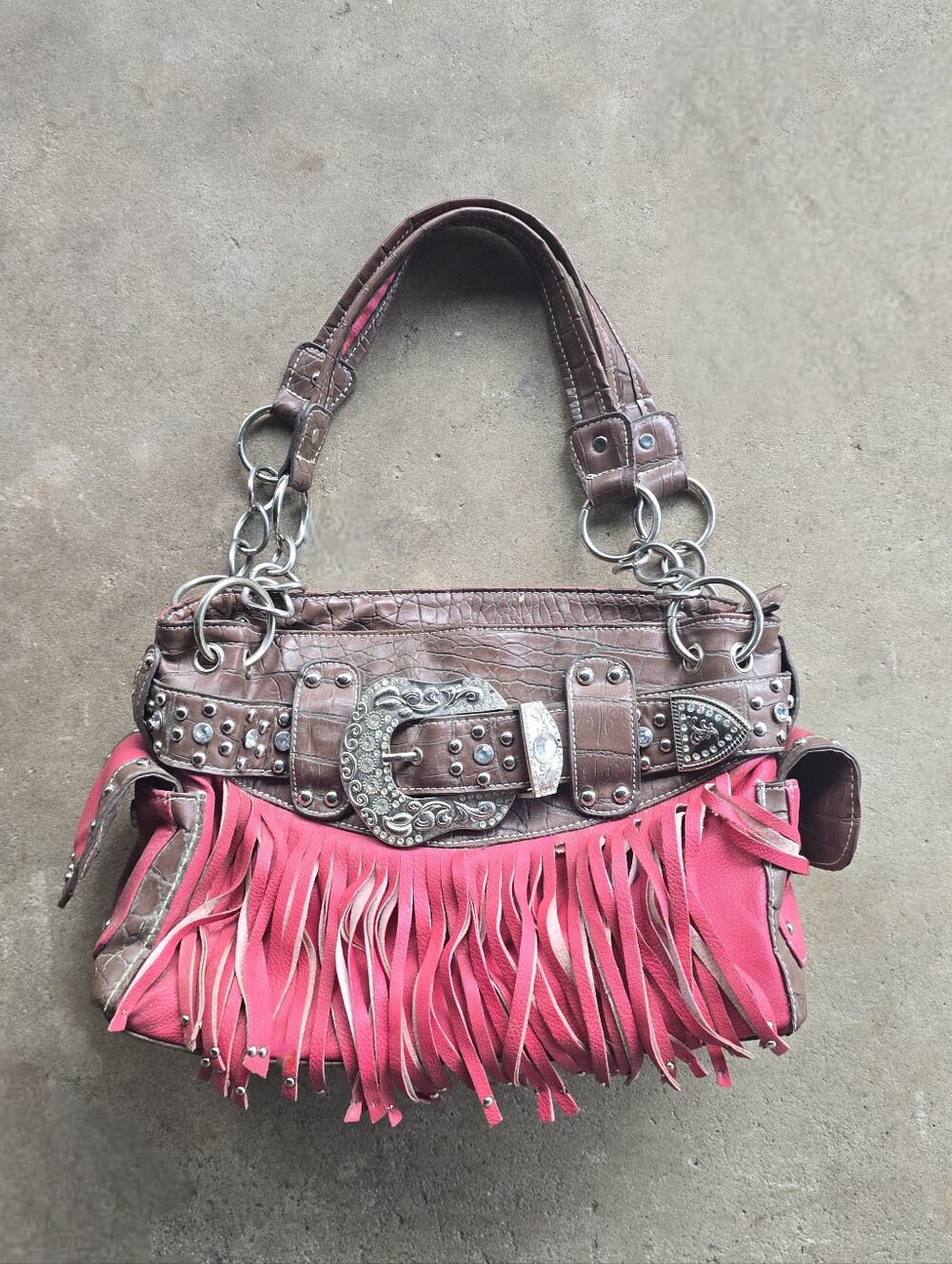 Y2K pink leather fringe purse with brown leather accents and silver hardware